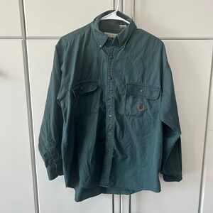 Bugle Boy Company Mens Hunter Green Cotton Twill Button Down Shirt Crest Logo L